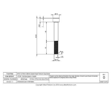 M10 Socket Head Cap Screws Pack Of Four Killer Grade 2 Titanium 80 Millimeter Long detailed technical drawing.