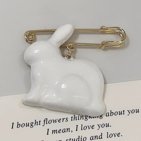 Absolute Fire Dangling Rabbit Safety Pin Lapel Brooch For Women And Men, Whimsical White Bunny Pin, 1.97x1.91 inch charm.