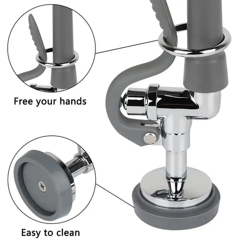 Heavy Hitter Commercial Pre Rinse Sprayer Valve Replacement Kit in stainless steel with ergonomic gray handle and cleaning base.