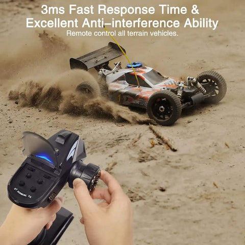 Six Channel 2.4GHz RC Transmitter And Receiver With Built In Gyro X6FG Pro Grade controlling RC car on dirt track