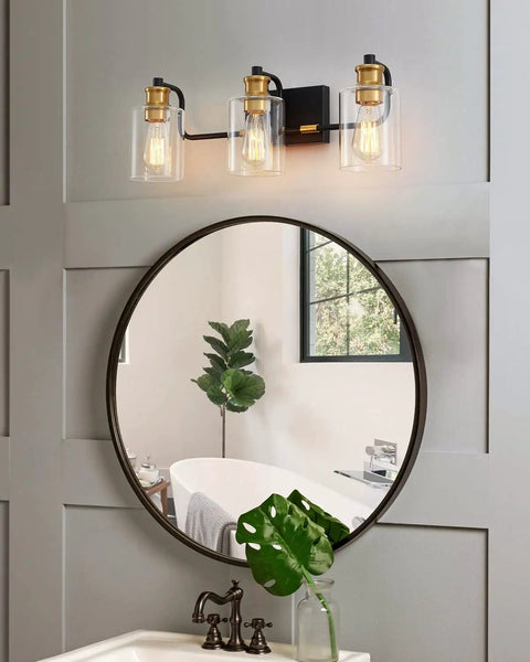 Black 3 Light Vanity Lights For Bathroom Modern Mid Century Wall Sconces With E26 Base And Touch Control above round mirror