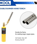 Double Flame Hand Torch With 3600 F Heat, Propane MAPP Gas Torch for Welding, Brazing, Plumbing and HVAC shown with dual flame tips
