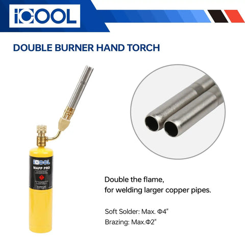 Double Flame Hand Torch With 3600 F Heat, Propane MAPP Gas Torch for Welding, Brazing, Plumbing and HVAC shown with dual flame tips