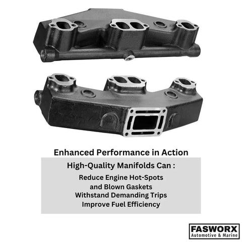 Coated Cast Iron Exhaust Manifolds Set Of 2 For Penta OMC V8 5.0L And 5.7L Engines With Gaskets And Bolts displayed on white background