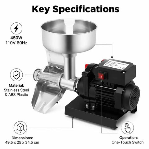 Heavy Duty Electric Tomato Strainer 450W Stainless Steel Sauce Maker showing large funnel and motor specifications.