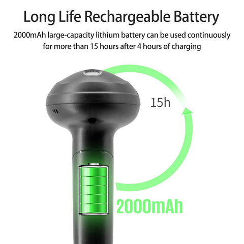 USB Wired 1D Barcode Scanner With CCD Decode Chip showing 2000mAh battery for over 15 hours use after charge