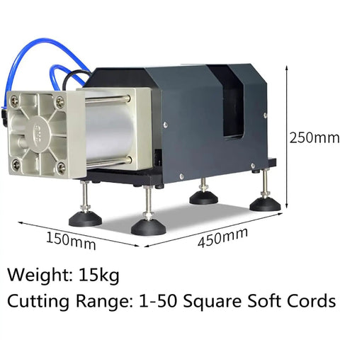 Heavy Duty Pneumatic Cable Cutter for 1 to 50 mm2 wires, efficient cutting machine with durable solenoid valve, dimensions shown