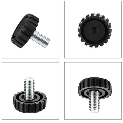 Close-up of 30 Pack M8 Screw On Furniture Glide Leveling Feet For Tables And Desks, Black Metal Adjustable Leg Levelers