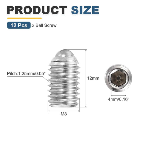 Silver Ball Point Set Screws M8x12mm 304 Stainless Steel Hex Socket Spring Plungers Grub Screw product size diagram