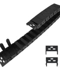 R38 18mm By 50mm Semi Enclosed Drag Chain Cable Carrier with connectors, black, inner side openable, shown with installation parts.