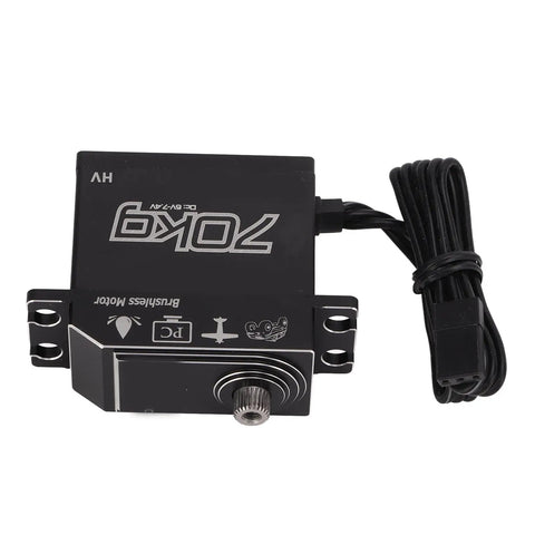 Beast Mode 70Kg Brushless Digital Servo Delivers Insane Raw Torque With Rugged Stainless Steel Gears And Fully IP67 Waterproof Housing For Tough 1 8 And 1 10 RC Crawler Builds, showing top view with attached cable.