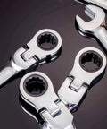 Close-up view of Flexible Ratcheting Wrench Set With 12 Pieces 8 To 19mm Metric Spanner Gear Ring Kit with chrome finish.