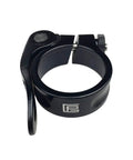 Lightweight Aluminum Alloy Bike Seat Post Clamp With Quick Release Collar for 28.6mm to 34.9mm posts, black, side view.