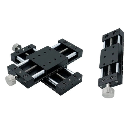 Dual Size XY Axis Manual Motion Stage Cross Sliding Table With 40mm And 60mm Options Stainless Steel Build With Beefy Triangular Lead Screw For CNC X Axis Easy Setup High Precision Flexible Compatibility, shown in detailed layout displaying black components and screws