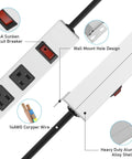 Close-up of a heavy duty metal 12 outlet power strip with 15A sunken circuit breaker, wall mount hole design, and 14AWG corpper wire.