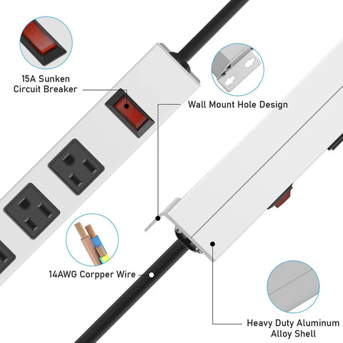 Close-up of a heavy duty metal 12 outlet power strip with 15A sunken circuit breaker, wall mount hole design, and 14AWG corpper wire.