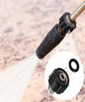 Close-up of pressure washer nozzle spraying water with inset detail of O-ring from 24 Pack O Ring Replacement Kit For Pressure Washers With Six Sizes For Pumps Hoses Guns Wands And Lances Includes Filters And 20 O Rings Seals And Maintenance Bundle For Optimal Power Washer Performance.