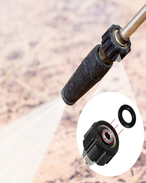 Close-up of pressure washer nozzle spraying water with inset detail of O-ring from 24 Pack O Ring Replacement Kit For Pressure Washers With Six Sizes For Pumps Hoses Guns Wands And Lances Includes Filters And 20 O Rings Seals And Maintenance Bundle For Optimal Power Washer Performance.
