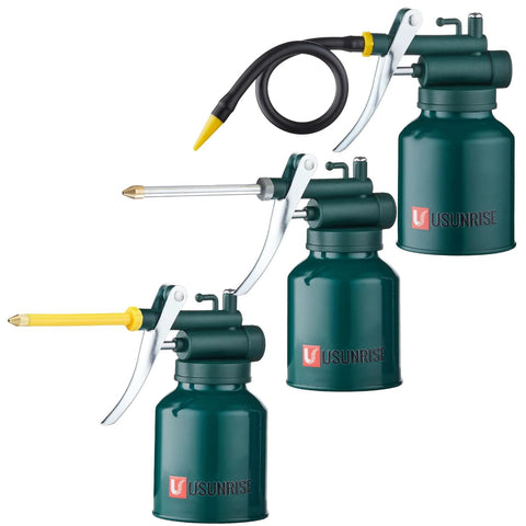 Three green metal oil cans with lever-trigger sprayers and three interchangeable spouts; USUNRISE brand