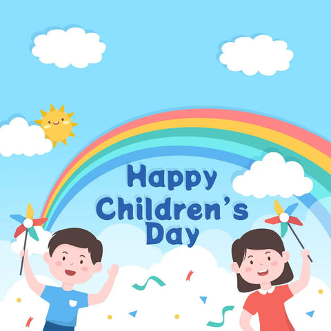 Happy Children's Day illustration with kids holding pinwheels, rainbow, sun, and clouds in the background.