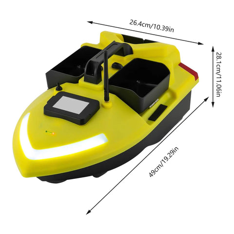 Beast GPS Fishing Bait Boat With 12000mAh Battery, 1640ft Remote Range RC Boat, 3 bins, yellow with dimensions