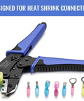 Ratcheting Wire Crimping Tool For Heat Shrink Connectors, Precision AWG 22 To 10, shown with color coded jaws and connectors