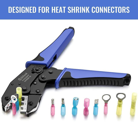 Ratcheting Wire Crimping Tool For Heat Shrink Connectors, Precision AWG 22 To 10, shown with color coded jaws and connectors