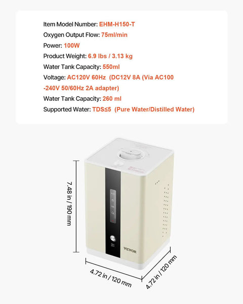 Hydrogen Inhalation Device With 99.99 Percent Purity And Separation Technology 225 mL Per Minute Dual Port Inhaler dimensions