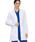 Woman wearing Womens Lab Coat With Three Pockets Medical Lab Coat For Science Chemistry And College White Medium All Day Comfort.