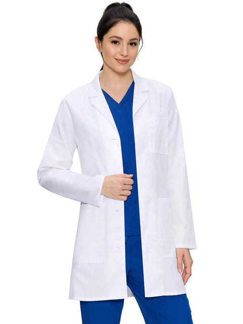 Woman wearing Womens Lab Coat With Three Pockets Medical Lab Coat For Science Chemistry And College White Medium All Day Comfort.
