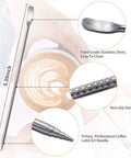 Professional coffee latte art needle with stainless steel non-slip handle, 5.39-inch length, shown with latte art design in background.