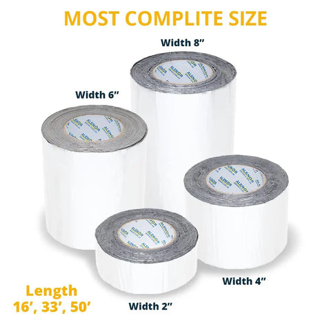 Butyl Tape For RV Roof Sealant 4 Inch By 16 Foot Waterproof Repair Tape Stops Leaks Instantly And Permanently On Campers Trailers Boats And Trucks UV Resistant Weatherproof And Durable showing various roll sizes.