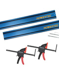 Sledge Through Long Boards With This 110 Inch Track Saw Guide Rail Set For Milwaukee Tools Featuring Dead On Accuracy Extruded Aluminum Bars And Quick Release Clamps, showing blue aluminum tracks and two clamps.