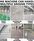 Pro Grade Concrete Floor Polisher Belt Sander Ground Grinder 5580W Motor Variable 1 To 6 Speed Settings with various floor types.