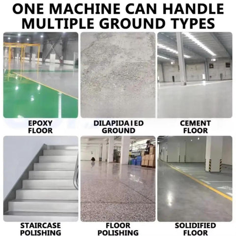Pro Grade Concrete Floor Polisher Belt Sander Ground Grinder 5580W Motor Variable 1 To 6 Speed Settings with various floor types.