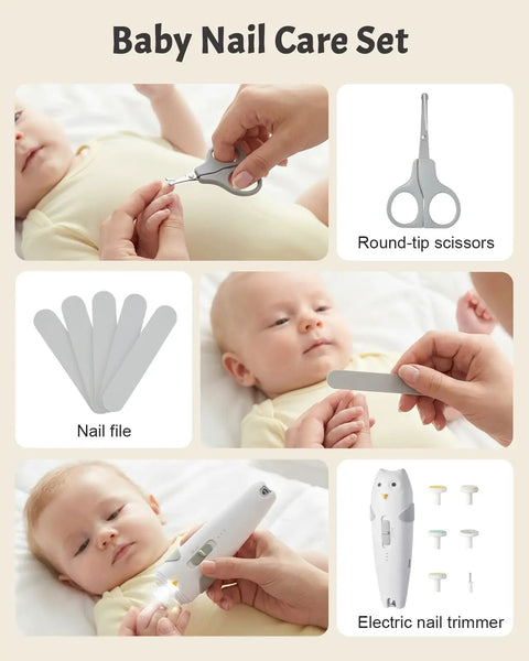 All-In-One Baby Care Kit With 26 Tools Including Electric Nail Trimmer Safe File With Auto Light Portable Nursery Health Care Set For Newborns Toddlers Boys And Girls For Home Travel Grey showing nail care tools and usage