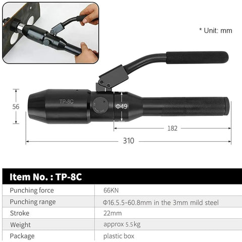 Metal Sheet Puncher Hydraulic Knockout Hole Punch Driver Kit One Half To Two Inch Conduit Cutter Set close-up with dimensions