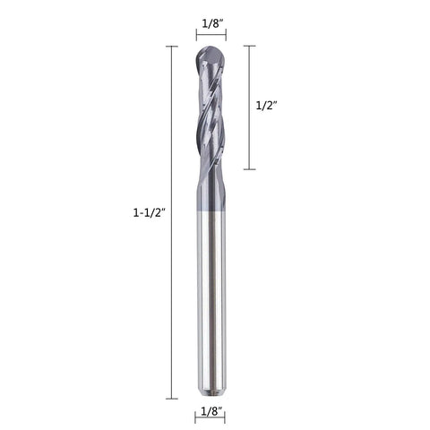 Close-up of a Five-Piece Ball Nose Router Bit Set with One Eighth Inch Cutting Diameter, One Half Inch Cutting Length, One And A Half Inch Overall Length, showing single bit.