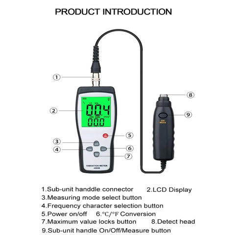 Portable LCD Vibration Analyzer And Vibrometer Meter With Large Clear Screen, On The Go Vibration Severity Tester For Acceleration, Velocity, And Displacement Readouts, 0.1 To 199.9 Meters Per Second Easy Read Measurement Tool, handheld unit with probe cable