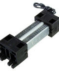 PTC ceramic air heater element with finned aluminum heatsink and black plastic end caps, cable attached.