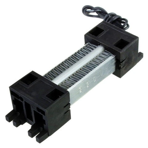 PTC ceramic air heater element with finned aluminum heatsink and black plastic end caps, cable attached.