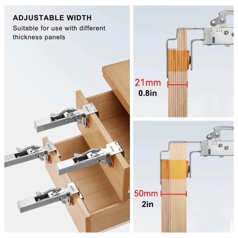 No Sweat Drawer Front Installation Clamps With Quick Release Bow Clips One Click Locking System for aligning cabinet panels shown in adjustable positions.