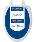 White elongated Mayfair Alesio toilet seat with slow close lid, front-to-back adjustment, and easy clean hinges, Made in USA.