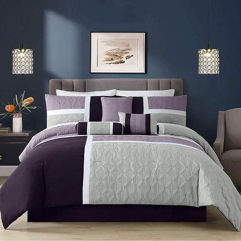 2 Pack Chrome Crystal Pendant Lights With Long Adjustable Cords illuminating a modern bedroom setting with purple bedding.