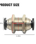 Metal bulkhead union fitting side view, 6 mm tube OD to 6 mm tube OD, push-on connectors