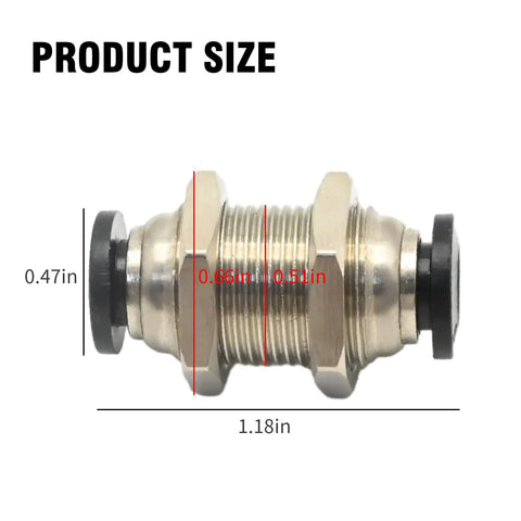 Metal bulkhead union fitting side view, 6 mm tube OD to 6 mm tube OD, push-on connectors