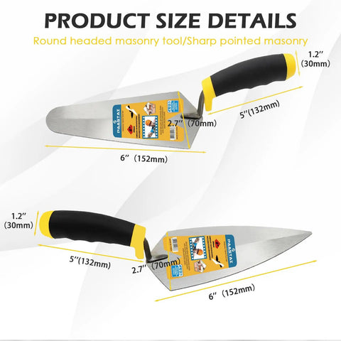 Two Piece Masonry Trowel Set With Soft Non Slip Handles Includes 6 Inch Round And 6 Inch Pointed Trowels For Concrete Cement Plaster And Tile Work Carbon Steel Construction For Smooth Finishes And Durable Performance with size details