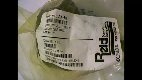 Label on Ax-35 Swivel Leveler package showing part number and neoprene base