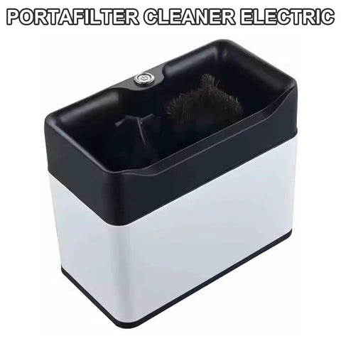 Elite Electric Portafilter Cleaner For Coffee Grounds Shakes Pucks Loose In A Flash With Dual Spin Brushes Plus The Matched Knock Box Included No Sweat in black and white with brush.
