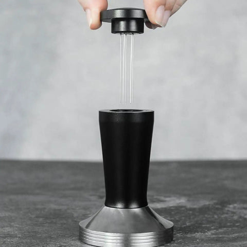 Top Shelf Two In One Espresso Tamper And Coffee Distributor Equipped With 58Mm Stainless Steel Barista Tool, featuring five needle stirrer.